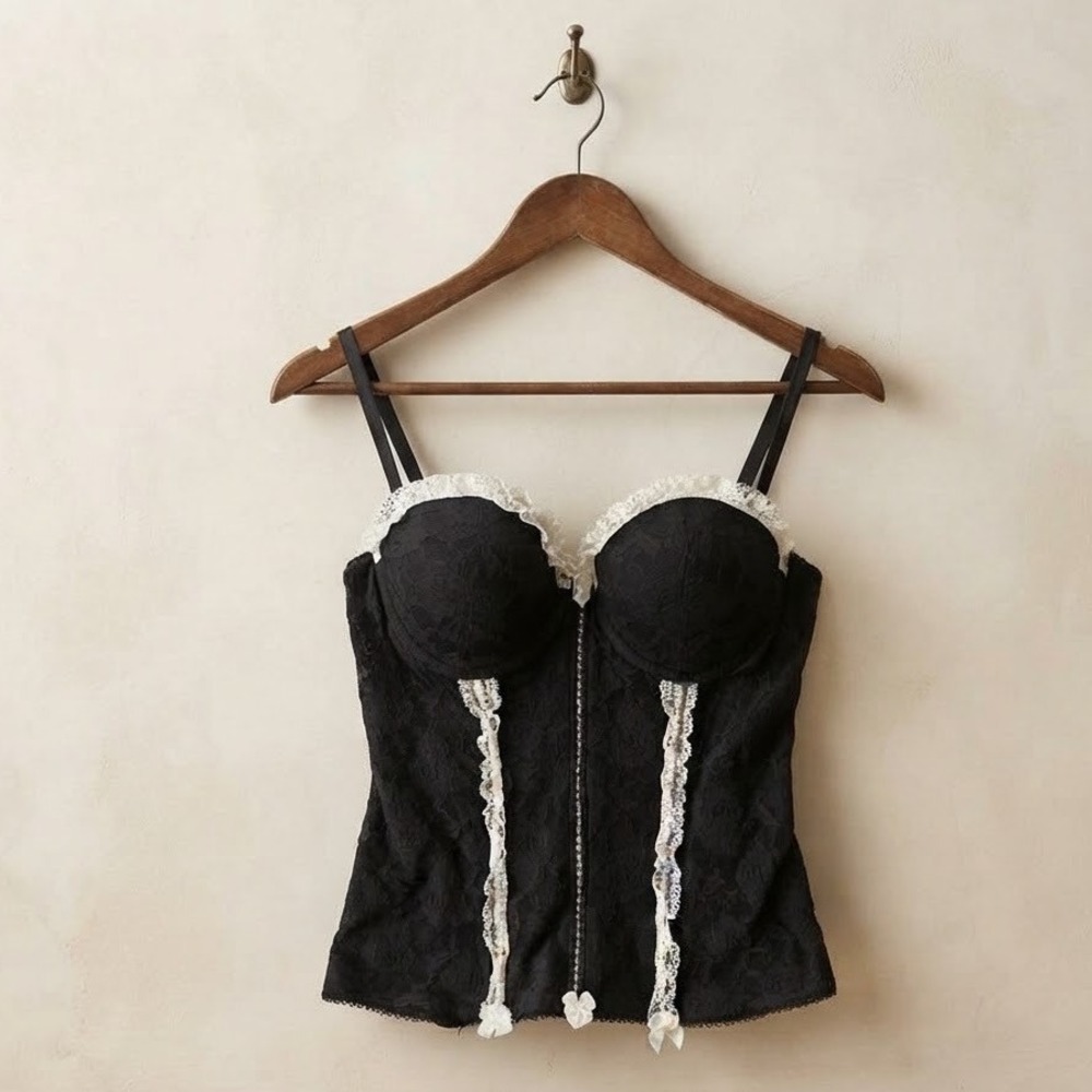 Smart & Sexy Black Lace Corset Top White Trim Underwire Bustier Hook Eye Closure